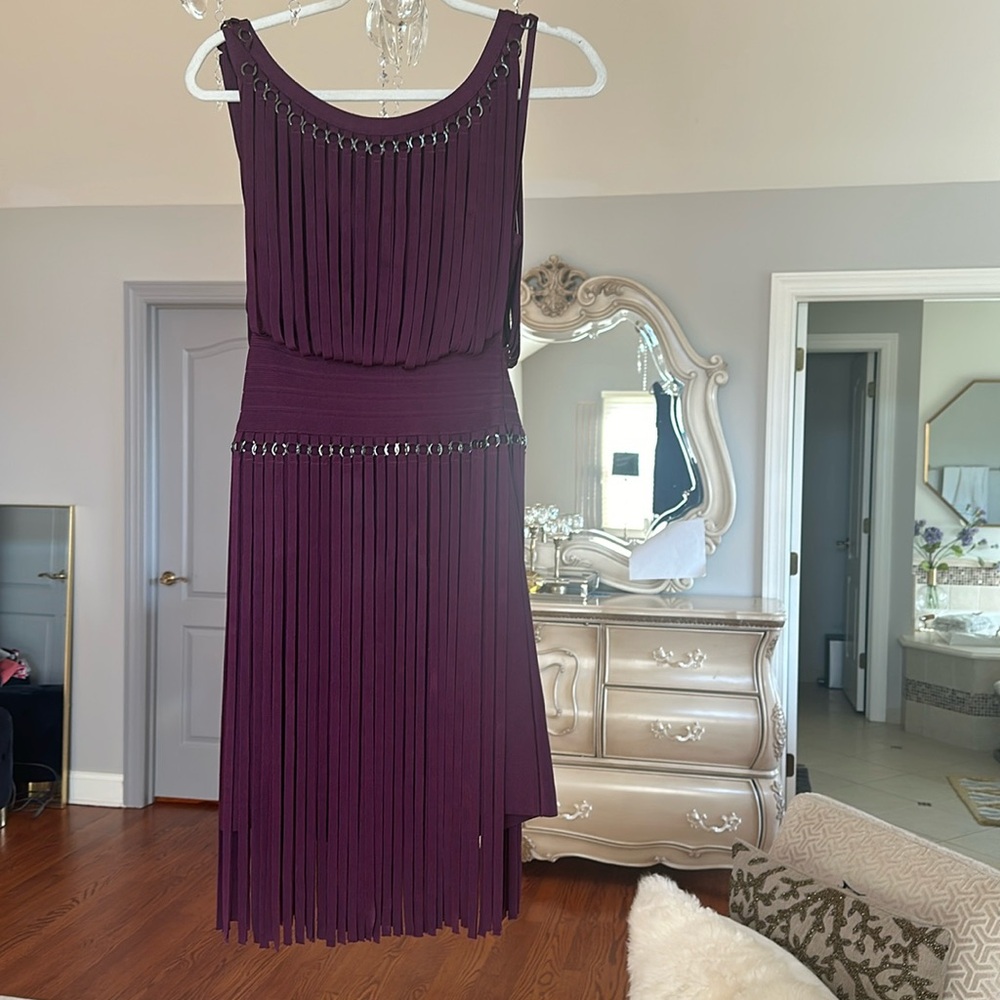 Herve Leger Plum Purple Pleated Mini Dress with Chain Trim